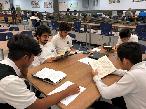 Picture of students around a table reading